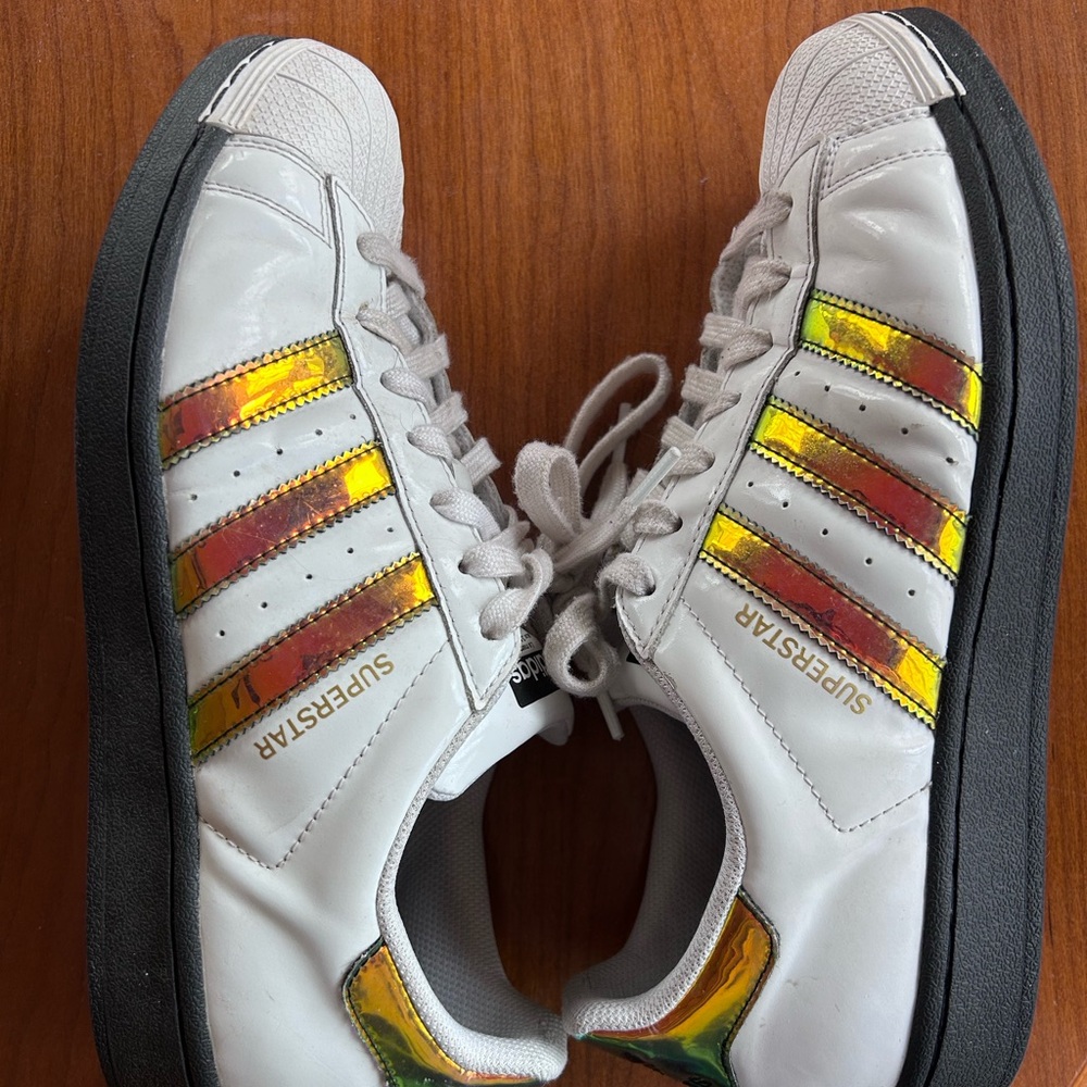 Ladies Adidas Superstars with holographic stripes
